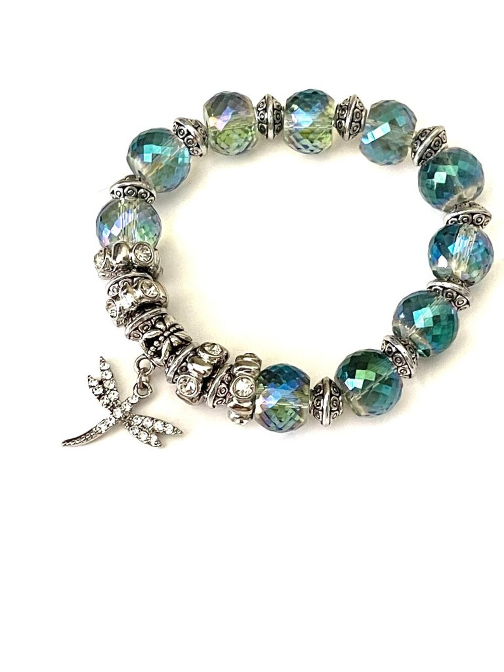 Dragon Fly bracelet with diamond cut glass beads stretchable,